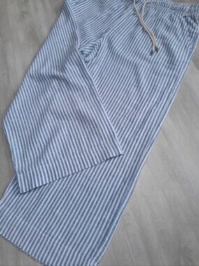 Tahari Linen Blend Coastal Wide Leg Resort Pants Blue White Stripe NWOT